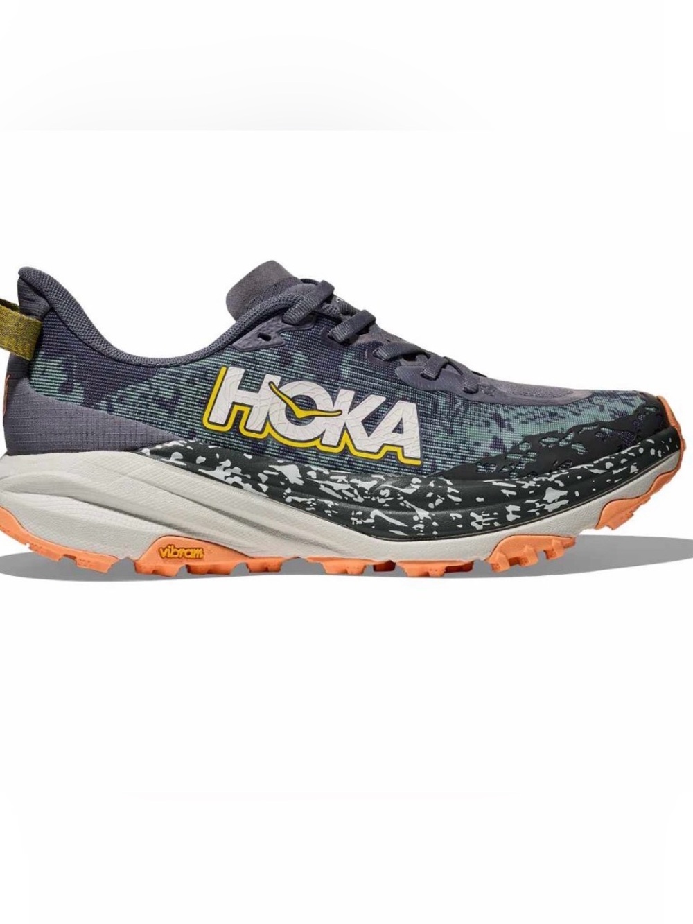 Hoka Speedgoat 6 Trail Sneaker in Gray with Orange and Yellow Accents